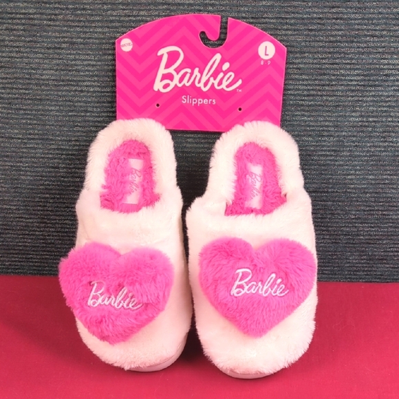 Plush Barbie Slippers With Hearts, Pink And White Like New - Picture 1 of 10
